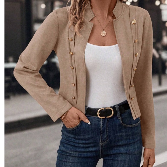 Classic Vegan Suede Button Detail Open Front Jacket Coat - Picture 3 of 8